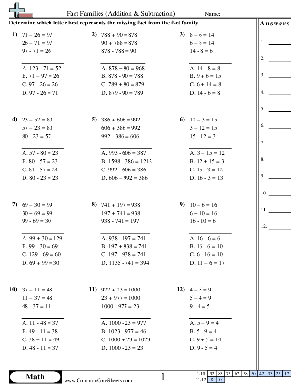 Find Missing Fact (Multiple Choice) worksheet